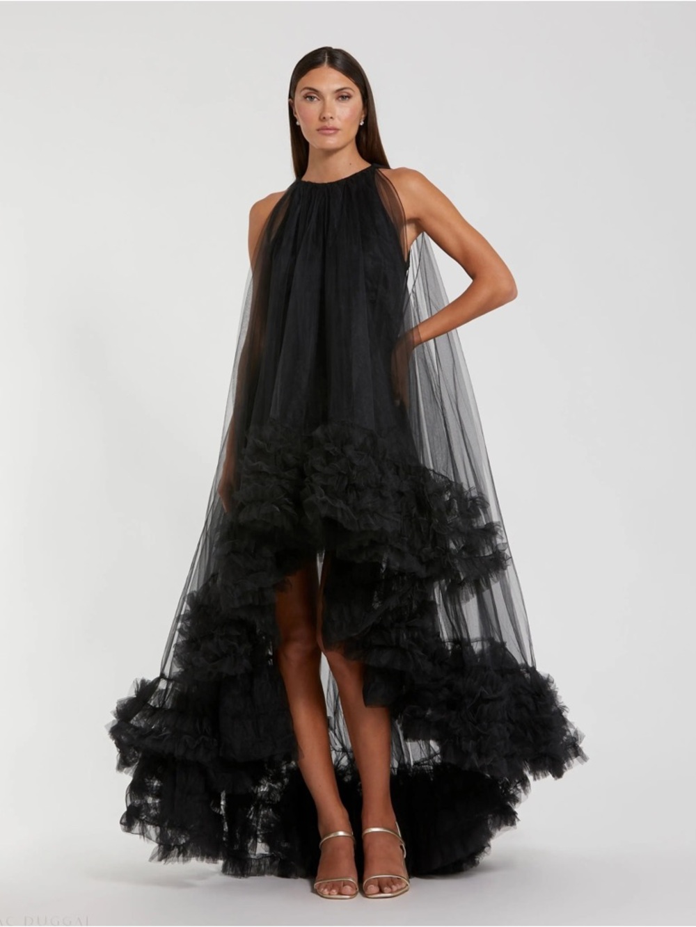 Mac Duggal 68252 Tulle High Neck Sleeveless Ruffled Hem Hi-Low Gown Size 10 NWT